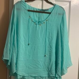 NWOT! Jennifer Lopez Teal Criss Cross tie blouse